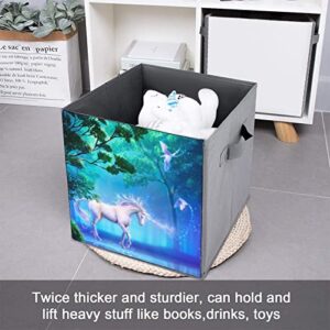 Fantasy Unicorn Forest Foldable Storage Bins Printd Fabric Cube Baskets Boxes with Handles for Clothes Toys, 11x11x11