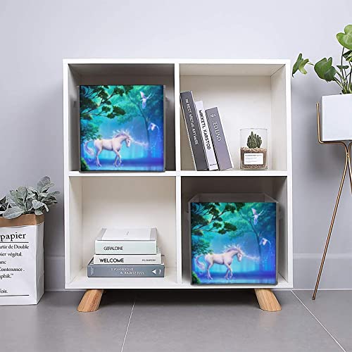 Fantasy Unicorn Forest Foldable Storage Bins Printd Fabric Cube Baskets Boxes with Handles for Clothes Toys, 11x11x11