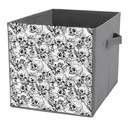 Mexican Spanish Sketch Dead Skulls Foldable Storage Bins Printd Fabric Cube Baskets Boxes with Handles for Clothes Toys, 11x11x11