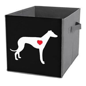 greyhound dog heart foldable storage bins printd fabric cube baskets boxes with handles for clothes toys, 11x11x11