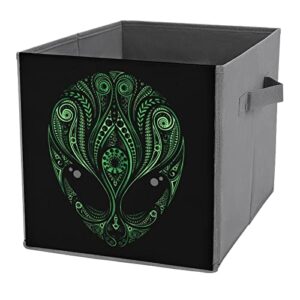 green aliens head foldable storage bins printd fabric cube baskets boxes with handles for clothes toys, 11x11x11