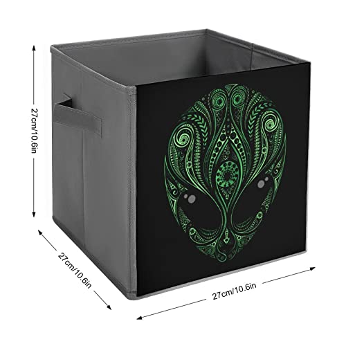 Green Aliens Head Foldable Storage Bins Printd Fabric Cube Baskets Boxes with Handles for Clothes Toys, 11x11x11