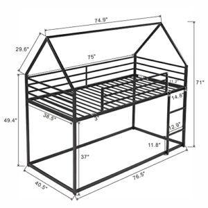 Aprilsoul Twin House Bunk Bed with Built-in Ladder Suitable for Bedrooms, Teens, Children Room and Dormitories, Metal Material, Space Saving, Easy to Assemble, Black