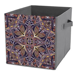 Ethnic Pattern Flower Foldable Storage Bins Printd Fabric Cube Baskets Boxes with Handles for Clothes Toys, 11x11x11