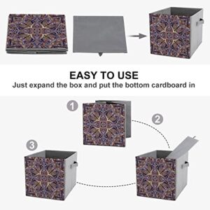 Ethnic Pattern Flower Foldable Storage Bins Printd Fabric Cube Baskets Boxes with Handles for Clothes Toys, 11x11x11