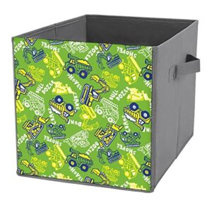 cute bulldozer foldable storage bins printd fabric cube baskets boxes with handles for clothes toys, 11x11x11