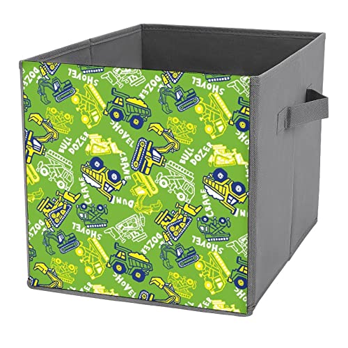 Cute Bulldozer Foldable Storage Bins Printd Fabric Cube Baskets Boxes with Handles for Clothes Toys, 11x11x11