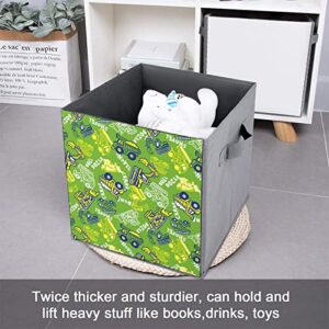 Cute Bulldozer Foldable Storage Bins Printd Fabric Cube Baskets Boxes with Handles for Clothes Toys, 11x11x11