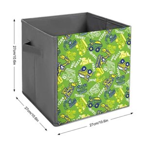 Cute Bulldozer Foldable Storage Bins Printd Fabric Cube Baskets Boxes with Handles for Clothes Toys, 11x11x11