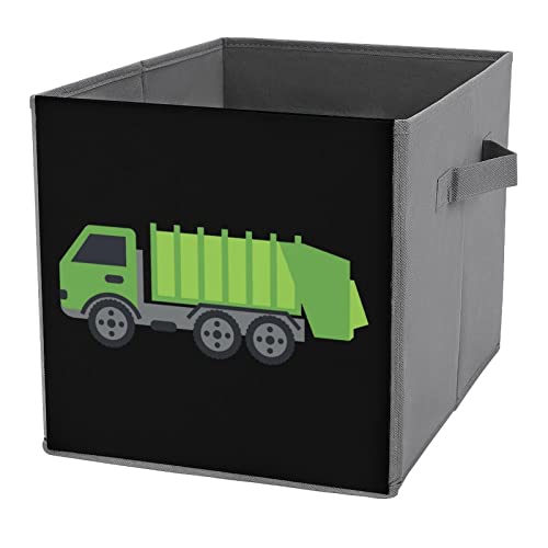 Green Garbage Truck Foldable Storage Bins Printd Fabric Cube Baskets Boxes with Handles for Clothes Toys, 11x11x11