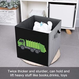 Green Garbage Truck Foldable Storage Bins Printd Fabric Cube Baskets Boxes with Handles for Clothes Toys, 11x11x11