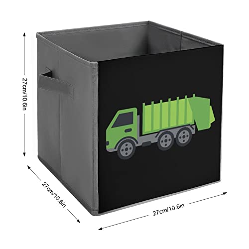 Green Garbage Truck Foldable Storage Bins Printd Fabric Cube Baskets Boxes with Handles for Clothes Toys, 11x11x11