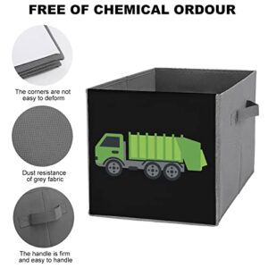 Green Garbage Truck Foldable Storage Bins Printd Fabric Cube Baskets Boxes with Handles for Clothes Toys, 11x11x11