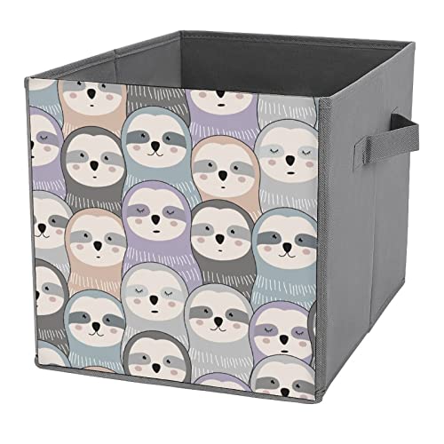 Cute Sloths Foldable Storage Bins Printd Fabric Cube Baskets Boxes with Handles for Clothes Toys, 11x11x11