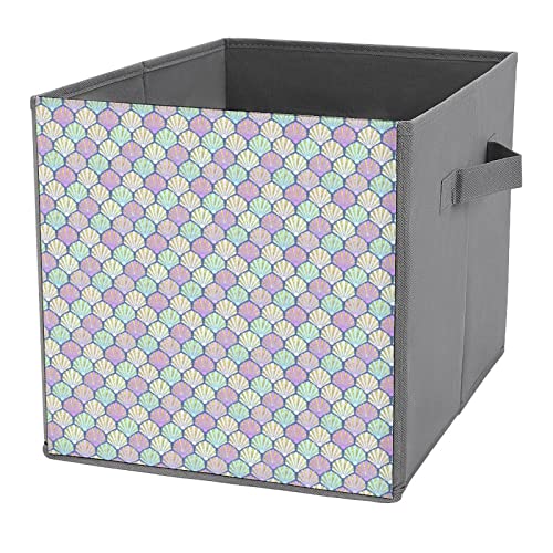 Teal Mermaids Shells Foldable Storage Bins Printd Fabric Cube Baskets Boxes with Handles for Clothes Toys, 11x11x11