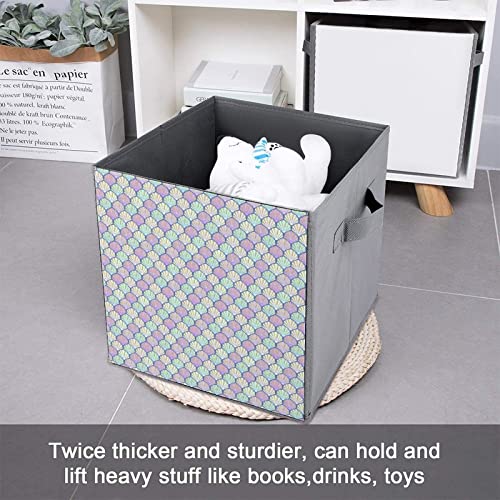 Teal Mermaids Shells Foldable Storage Bins Printd Fabric Cube Baskets Boxes with Handles for Clothes Toys, 11x11x11