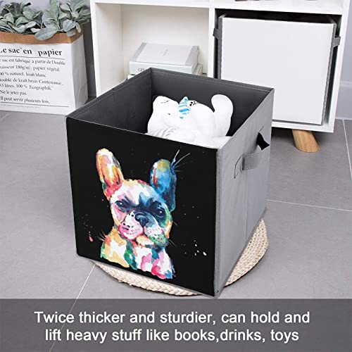 Watercolor French Bulldog Foldable Storage Bins Printd Fabric Cube Baskets Boxes with Handles for Clothes Toys, 11x11x11
