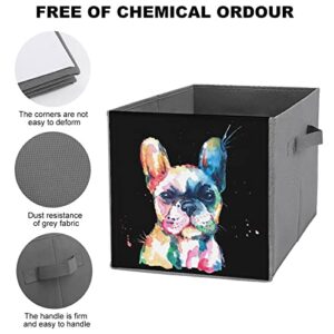 Watercolor French Bulldog Foldable Storage Bins Printd Fabric Cube Baskets Boxes with Handles for Clothes Toys, 11x11x11