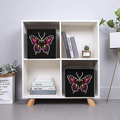 Colorful Machaon Butterfly Foldable Storage Bins Printd Fabric Cube Baskets Boxes with Handles for Clothes Toys, 11x11x11