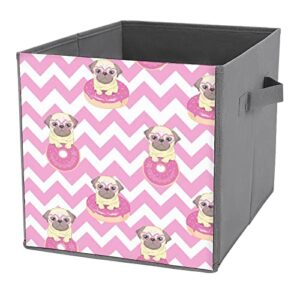 pug in donuts foldable storage bins printd fabric cube baskets boxes with handles for clothes toys, 11x11x11
