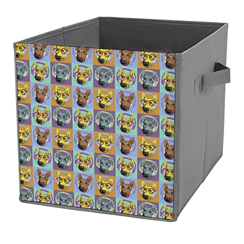 German Shepherd with Headphones Foldable Storage Bins Printd Fabric Cube Baskets Boxes with Handles for Clothes Toys, 11x11x11