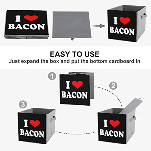 I Love Bacon Foldable Storage Bins Printd Fabric Cube Baskets Boxes with Handles for Clothes Toys, 11x11x11