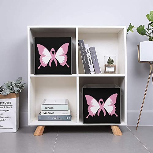 Breast Cancer Butterflies Foldable Storage Bins Printd Fabric Cube Baskets Boxes with Handles for Clothes Toys, 11x11x11