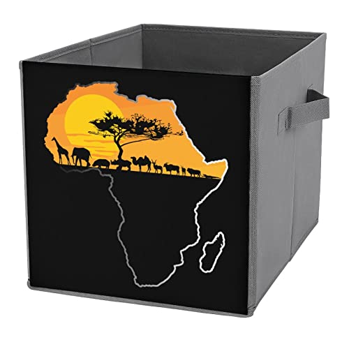 African Animals Over Map of Africa Foldable Storage Bins Printd Fabric Cube Baskets Boxes with Handles for Clothes Toys, 11x11x11