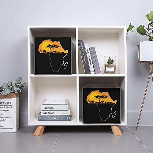 African Animals Over Map of Africa Foldable Storage Bins Printd Fabric Cube Baskets Boxes with Handles for Clothes Toys, 11x11x11