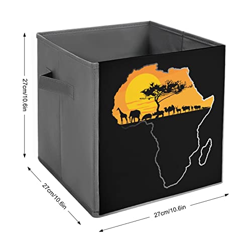 African Animals Over Map of Africa Foldable Storage Bins Printd Fabric Cube Baskets Boxes with Handles for Clothes Toys, 11x11x11