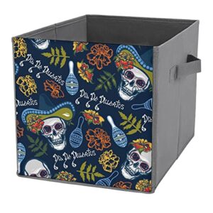 day of the dead skull foldable storage bins printd fabric cube baskets boxes with handles for clothes toys, 11x11x11