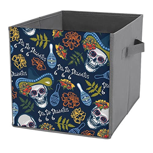 Day of The Dead Skull Foldable Storage Bins Printd Fabric Cube Baskets Boxes with Handles for Clothes Toys, 11x11x11