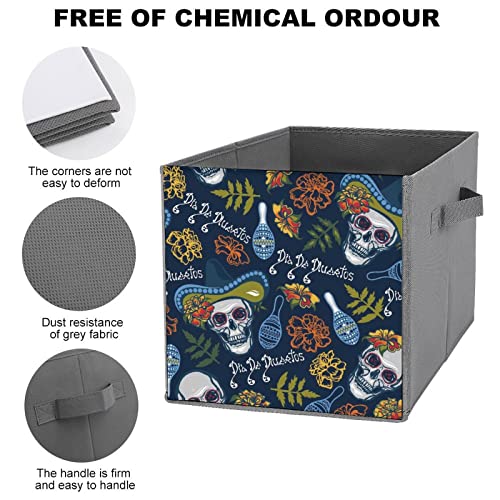 Day of The Dead Skull Foldable Storage Bins Printd Fabric Cube Baskets Boxes with Handles for Clothes Toys, 11x11x11