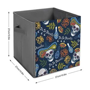 Day of The Dead Skull Foldable Storage Bins Printd Fabric Cube Baskets Boxes with Handles for Clothes Toys, 11x11x11