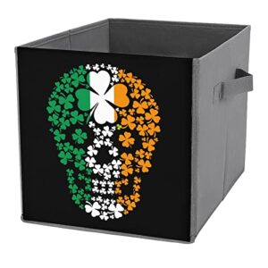 irish skull with clover foldable storage bins printd fabric cube baskets boxes with handles for clothes toys, 11x11x11