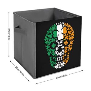 Irish Skull with Clover Foldable Storage Bins Printd Fabric Cube Baskets Boxes with Handles for Clothes Toys, 11x11x11