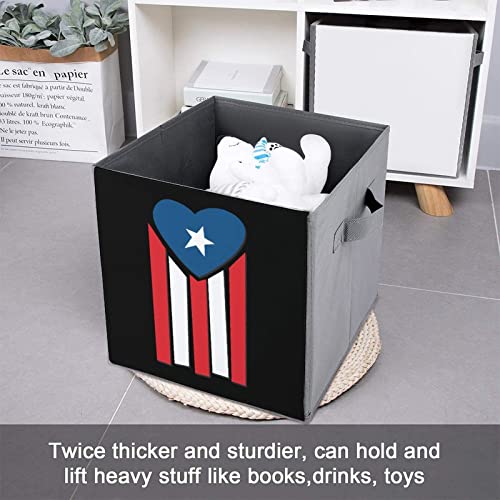 Puerto Rico Flag Heart Foldable Storage Bins Printd Fabric Cube Baskets Boxes with Handles for Clothes Toys, 11x11x11