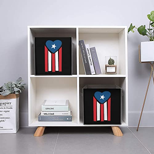 Puerto Rico Flag Heart Foldable Storage Bins Printd Fabric Cube Baskets Boxes with Handles for Clothes Toys, 11x11x11