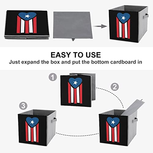 Puerto Rico Flag Heart Foldable Storage Bins Printd Fabric Cube Baskets Boxes with Handles for Clothes Toys, 11x11x11