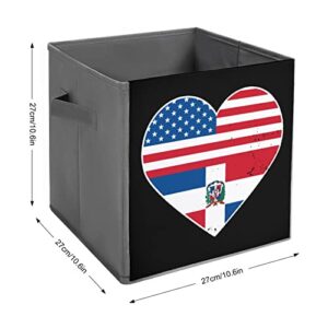 Dominican Republic and Aerican Flag Heart Foldable Storage Bins Printd Fabric Cube Baskets Boxes with Handles for Clothes Toys, 11x11x11