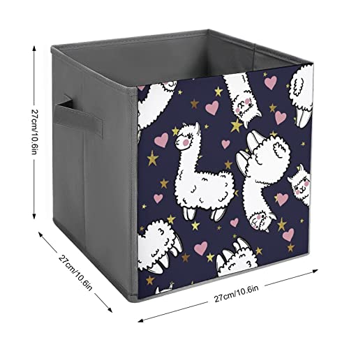 Alpacas Hearts Stars Foldable Storage Bins Printd Fabric Cube Baskets Boxes with Handles for Clothes Toys, 11x11x11