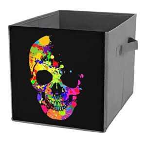 colorful skull foldable storage bins printd fabric cube baskets boxes with handles for clothes toys, 11x11x11