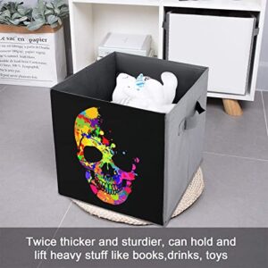 Colorful Skull Foldable Storage Bins Printd Fabric Cube Baskets Boxes with Handles for Clothes Toys, 11x11x11