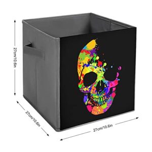 Colorful Skull Foldable Storage Bins Printd Fabric Cube Baskets Boxes with Handles for Clothes Toys, 11x11x11