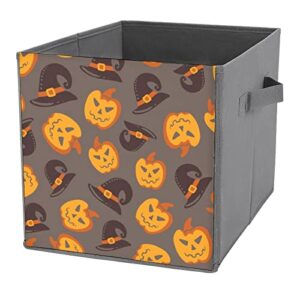 pumpkin witch hat foldable storage bins printd fabric cube baskets boxes with handles for clothes toys, 11x11x11