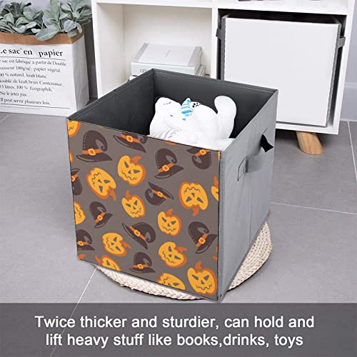 Pumpkin Witch Hat Foldable Storage Bins Printd Fabric Cube Baskets Boxes with Handles for Clothes Toys, 11x11x11