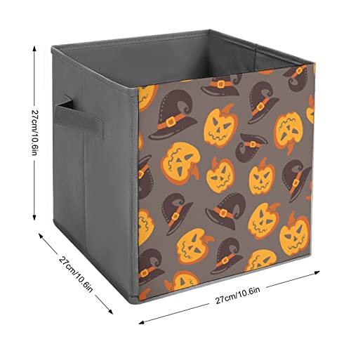 Pumpkin Witch Hat Foldable Storage Bins Printd Fabric Cube Baskets Boxes with Handles for Clothes Toys, 11x11x11