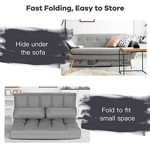 TUOCHUFUN Fluffy Lazy Sofa, 6-Position Foldable Adjustable Floor Sofa Bed with 2 Lumbar Pillows, Detachable Cloth Cover (Gray)