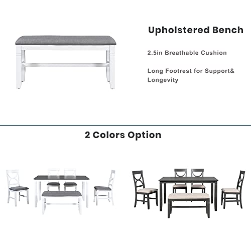 Merax 6-Piece Wood Dining Table Set with Upholstered Bench and 4 Chairs, Farmhouse Style, Kitchen Furniture, White