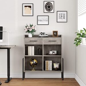 IDEALHOUSE Bookcase Horizontal Bookshelf Short Bookcases with Drawers Small Storage Shelves 4 Cube Organizer Metal Frame Wood Display Cabinet for Bedroom, Living Room, Home Office, Grey